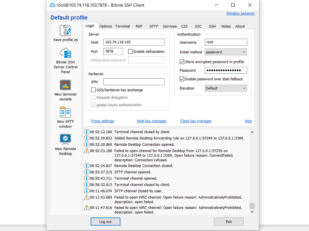 Giao diện terminal trong Bitvise SSH Client